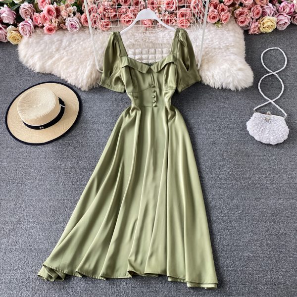 French Style Tight Waist Western Style Slimming Puff Sleeve Square Collar Dress New Summer Solid Color Wide Hem Long Dress - Image 5