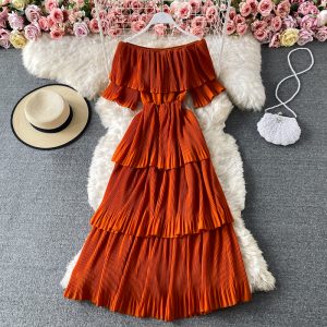 Off-Neck Pleated Dress Summer Sweet Lotus Leaf Temperament Mid-Length Beach Dress Shoulder-Baring Slimming Cake Dress
