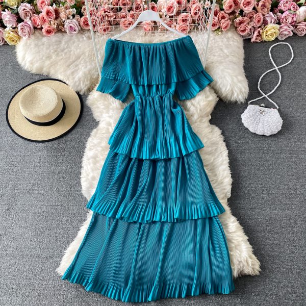 Off-Neck Pleated Dress Summer Sweet Lotus Leaf Temperament Mid-Length Beach Dress Shoulder-Baring Slimming Cake Dress - Image 3