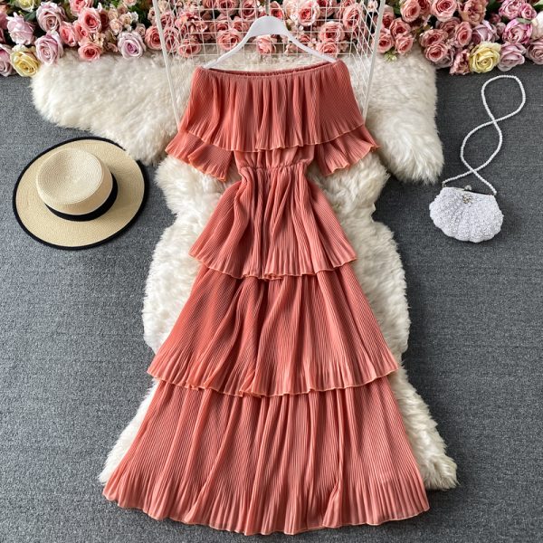 Off-Neck Pleated Dress Summer Sweet Lotus Leaf Temperament Mid-Length Beach Dress Shoulder-Baring Slimming Cake Dress - Image 5
