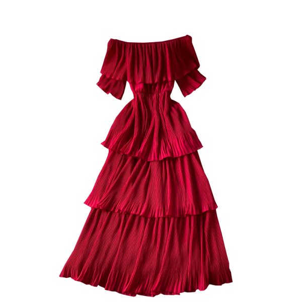Off-Neck Pleated Dress Summer Sweet Lotus Leaf Temperament Mid-Length Beach Dress Shoulder-Baring Slimming Cake Dress - Image 6