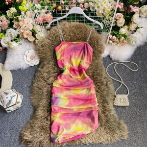 Nightclub Sexy Disco Waist Slimming Rainbow Color Gradient Handbag Hip Skirt Fashion Graceful Tube Top Strap Dress
