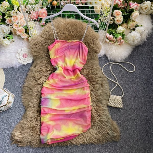 Nightclub Sexy Disco Waist Slimming Rainbow Color Gradient Handbag Hip Skirt Fashion Graceful Tube Top Strap Dress - Image 3