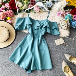 Off-the-Shoulder Strap Jumpsuit Summer New Super Fairy Ruffled off-the-Neck Wide-Leg Shorts Jumpsuit Women’s Clothing