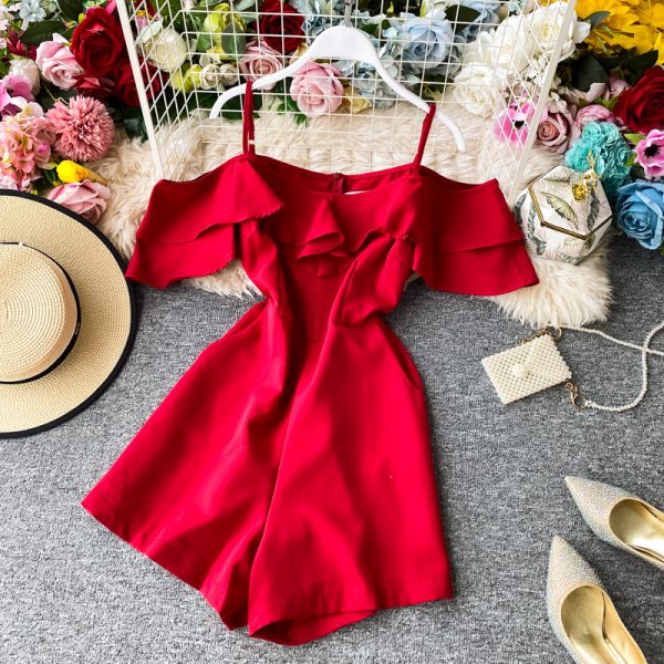 Off-the-Shoulder Strap Jumpsuit Summer New Super Fairy Ruffled off-the-Neck Wide-Leg Shorts Jumpsuit Women’s Clothing - Image 3