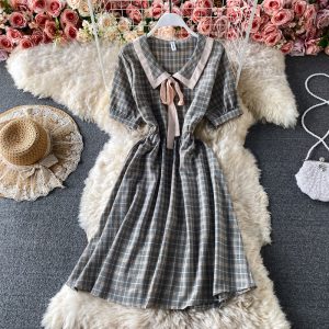 Summer Little Fresh Sweet Color Matching Doll Collar Lace up Bow High Waist Slimming Plaid Dress Short Sleeve