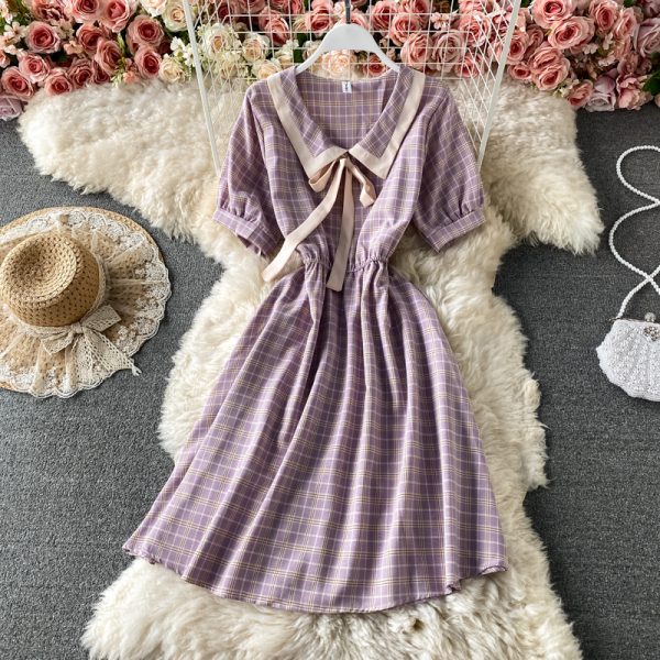 Summer Little Fresh Sweet Color Matching Doll Collar Lace up Bow High Waist Slimming Plaid Dress Short Sleeve - Image 3