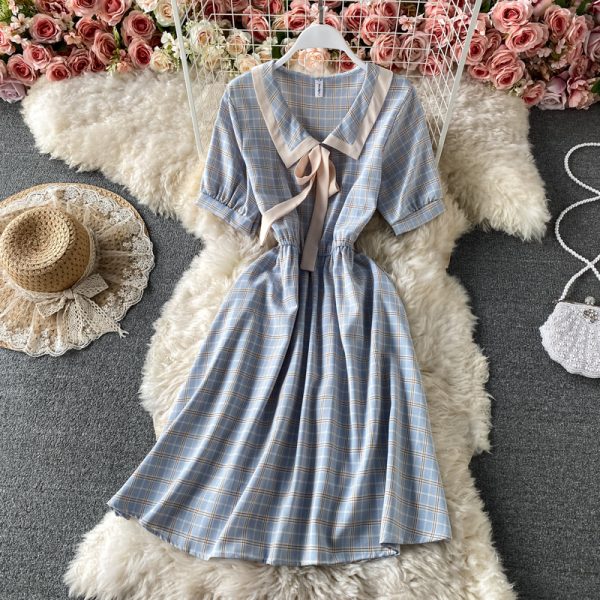 Summer Little Fresh Sweet Color Matching Doll Collar Lace up Bow High Waist Slimming Plaid Dress Short Sleeve - Image 4