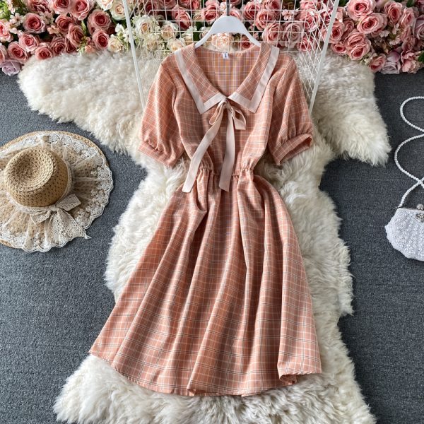 Summer Little Fresh Sweet Color Matching Doll Collar Lace up Bow High Waist Slimming Plaid Dress Short Sleeve - Image 5