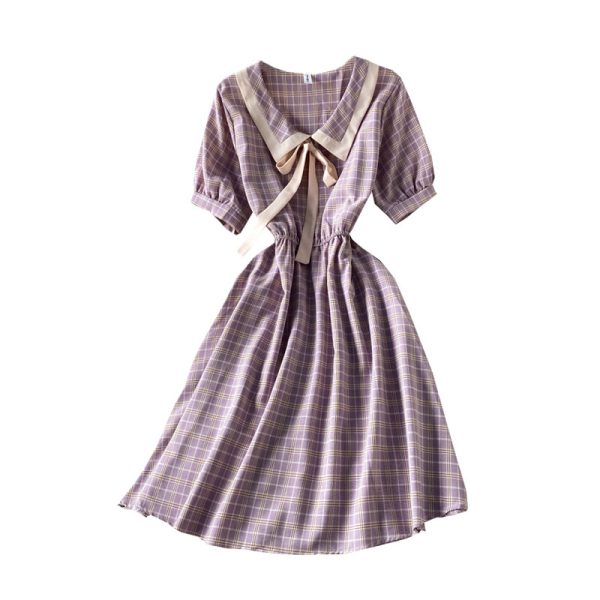 Summer Little Fresh Sweet Color Matching Doll Collar Lace up Bow High Waist Slimming Plaid Dress Short Sleeve - Image 6