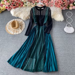 Spring New Socialite Temperament Slimming Large Hem Long Skirt Color Contrast Patchwork Pleated Skirt Hollow Lace Dress
