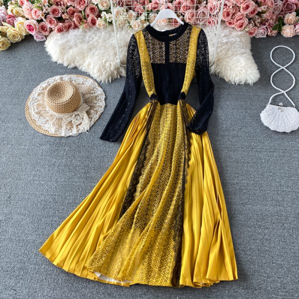 Spring New Socialite Temperament Slimming Large Hem Long Skirt Color Contrast Patchwork Pleated Skirt Hollow Lace Dress - Image 3