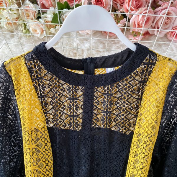 Spring New Socialite Temperament Slimming Large Hem Long Skirt Color Contrast Patchwork Pleated Skirt Hollow Lace Dress - Image 4