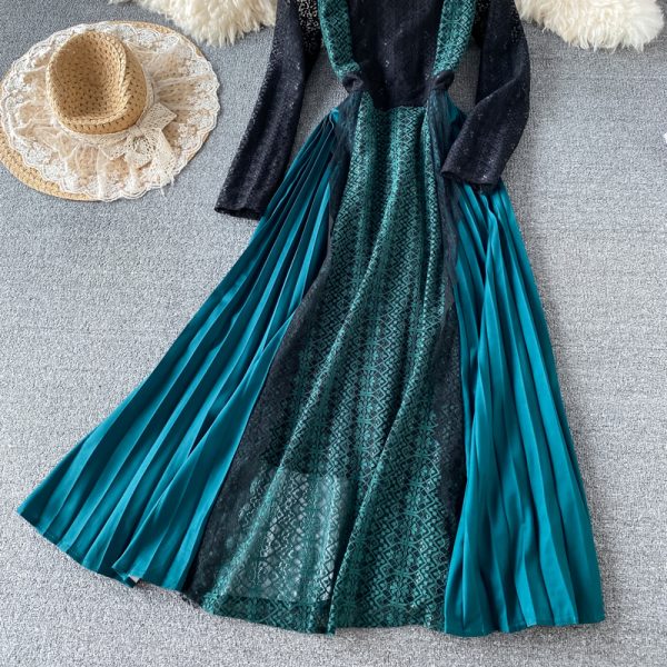 Spring New Socialite Temperament Slimming Large Hem Long Skirt Color Contrast Patchwork Pleated Skirt Hollow Lace Dress - Image 5