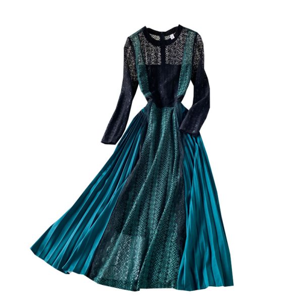 Spring New Socialite Temperament Slimming Large Hem Long Skirt Color Contrast Patchwork Pleated Skirt Hollow Lace Dress - Image 6