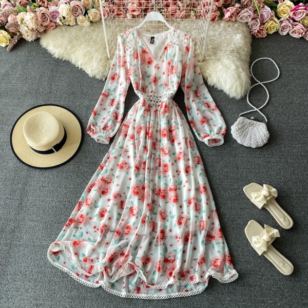 Spring and Autumn New Korean Temperament Goddess Fan Retro V-neck Waist Waist Thin and Large Swing Dress - Image 2