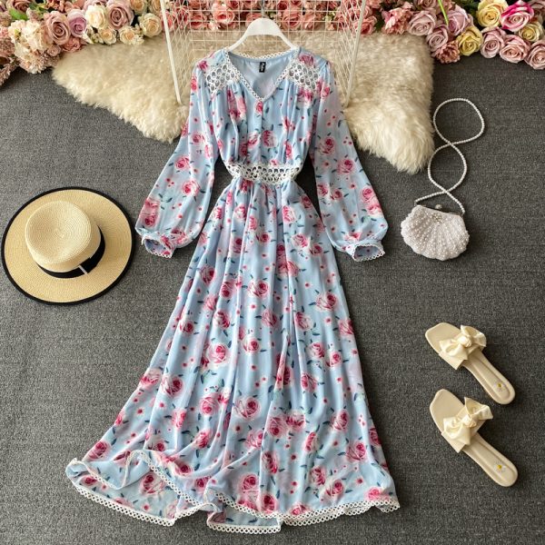 Spring and Autumn New Korean Temperament Goddess Fan Retro V-neck Waist Waist Thin and Large Swing Dress - Image 3
