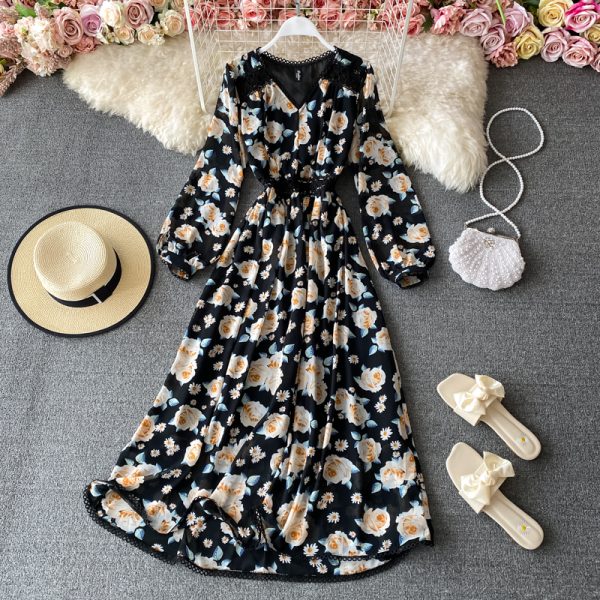 Spring and Autumn New Korean Temperament Goddess Fan Retro V-neck Waist Waist Thin and Large Swing Dress - Image 4