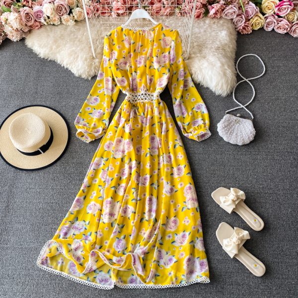 Spring and Autumn New Korean Temperament Goddess Fan Retro V-neck Waist Waist Thin and Large Swing Dress - Image 5