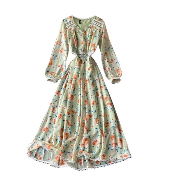 Spring and Autumn New Korean Temperament Goddess Fan Retro V-neck Waist Waist Thin and Large Swing Dress - Image 6