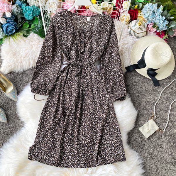 Small fresh square-neck long-sleeved floral skirt mid-length chiffon dress with over-the-knee waist and thin temperament - Image 4