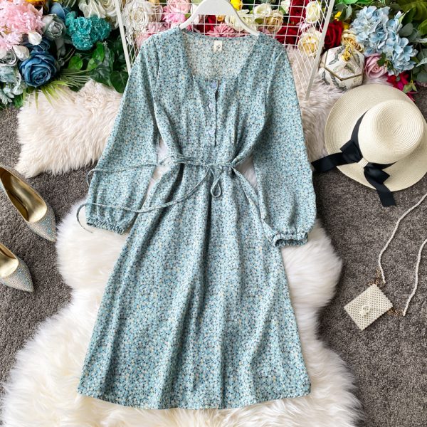 Small fresh square-neck long-sleeved floral skirt mid-length chiffon dress with over-the-knee waist and thin temperament - Image 5