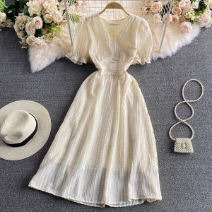 French Style Retro Gentle Style Dress Summer V-neck Puff Sleeve Waist Slimming Line Skirt Swing Long Dress