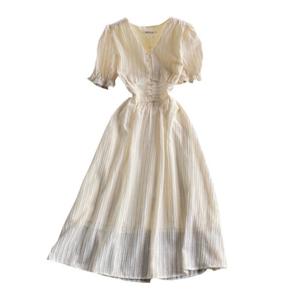 French Style Retro Gentle Style Dress Summer V-neck Puff Sleeve Waist Slimming Line Skirt Swing Long Dress - Image 6