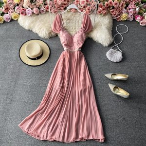 Chic Gentle Large Swing Dress Summer New Backless Waist Trimming V-neck Pleated Dress Fashion Banquet Dress