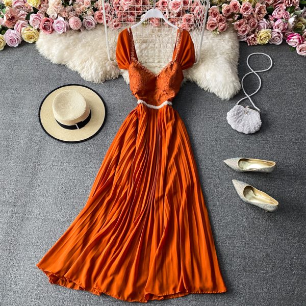 Chic Gentle Large Swing Dress Summer New Backless Waist Trimming V-neck Pleated Dress Fashion Banquet Dress - Image 3