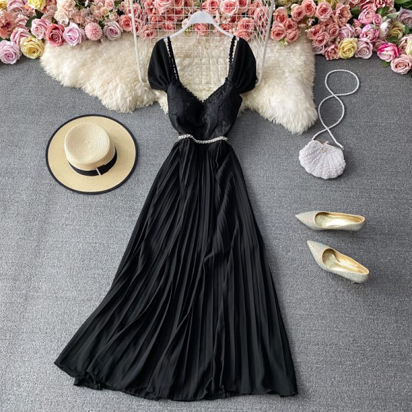 Chic Gentle Large Swing Dress Summer New Backless Waist Trimming V-neck Pleated Dress Fashion Banquet Dress - Image 4