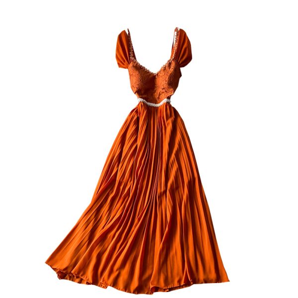 Chic Gentle Large Swing Dress Summer New Backless Waist Trimming V-neck Pleated Dress Fashion Banquet Dress - Image 6