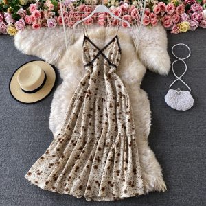 Lady Elegant Slightly Mature Style Suspender Dress Summer Lace Patchwork Waist-Slimming Slim Backless Chiffon Floral Dress