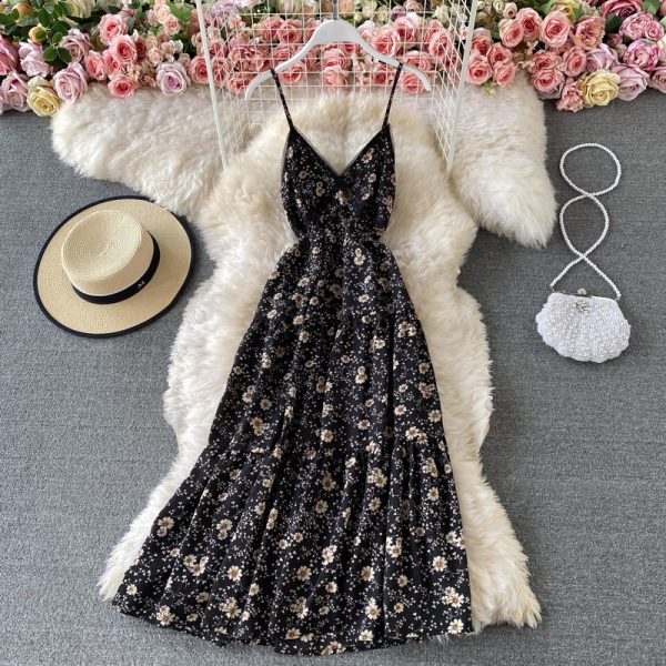 Lady Elegant Slightly Mature Style Suspender Dress Summer Lace Patchwork Waist-Slimming Slim Backless Chiffon Floral Dress - Image 3