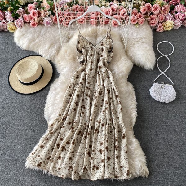 Lady Elegant Slightly Mature Style Suspender Dress Summer Lace Patchwork Waist-Slimming Slim Backless Chiffon Floral Dress - Image 4