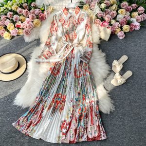 Early autumn French long skirt, positioning printing, waist is thin, ladies shirt skirt, big pleated dress, long sleeves