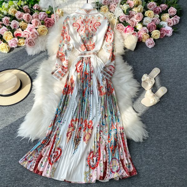 Early autumn French long skirt, positioning printing, waist is thin, ladies shirt skirt, big pleated dress, long sleeves - Image 3