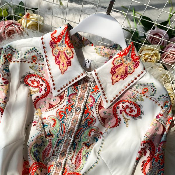 Early autumn French long skirt, positioning printing, waist is thin, ladies shirt skirt, big pleated dress, long sleeves - Image 4