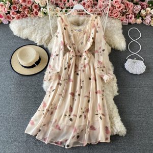 New Square Collar Elegant Chiffon Printed Elegant High Waist Mid-Length Bohemian Pastoral Style Dress