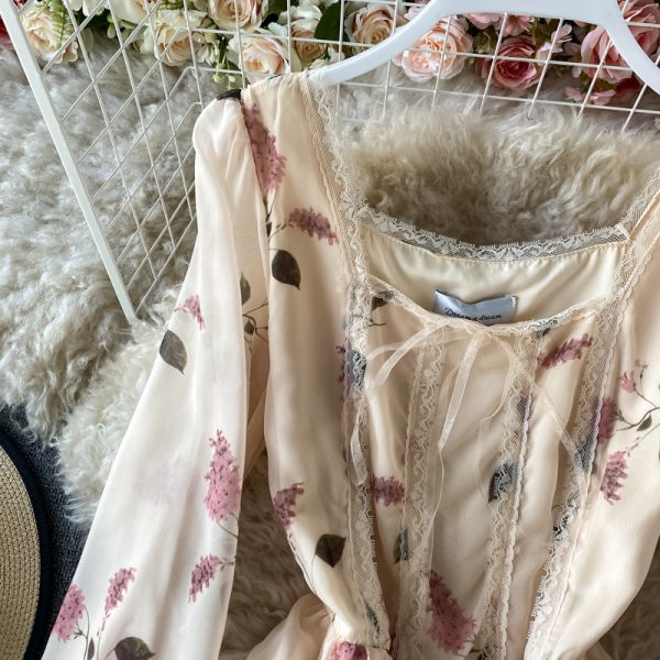 New Square Collar Elegant Chiffon Printed Elegant High Waist Mid-Length Bohemian Pastoral Style Dress - Image 4