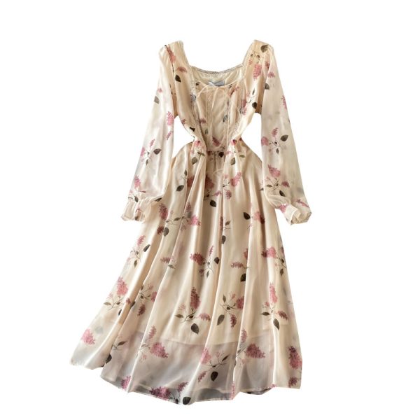 New Square Collar Elegant Chiffon Printed Elegant High Waist Mid-Length Bohemian Pastoral Style Dress - Image 6