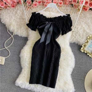 Retro Sweet Cinched Slimming off-Shoulder Backless Dress Summer Small High Waist Short Sleeve Short Hip Skirt