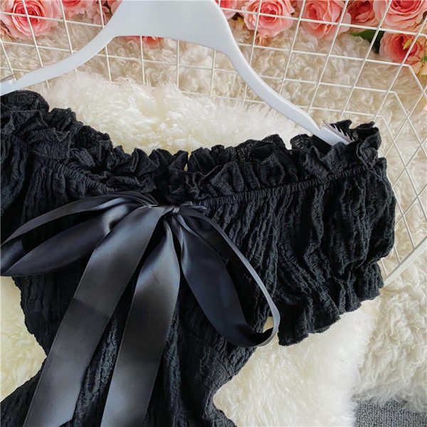 Retro Sweet Cinched Slimming off-Shoulder Backless Dress Summer Small High Waist Short Sleeve Short Hip Skirt - Image 3