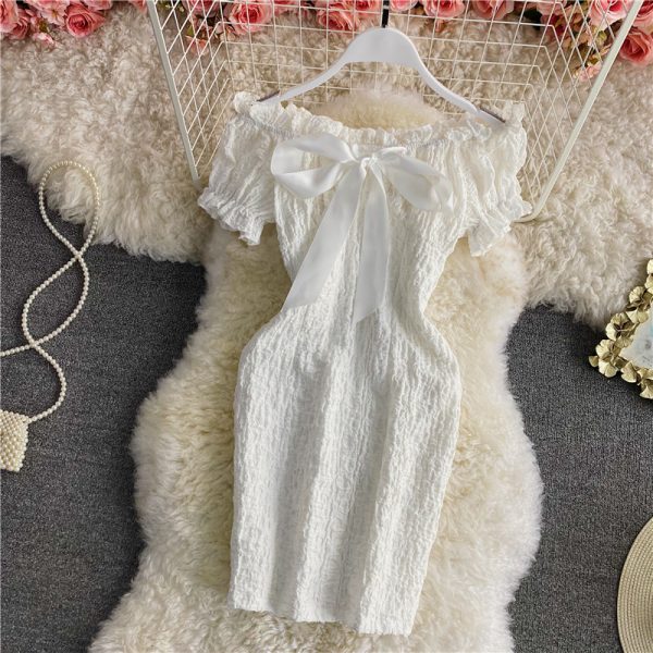 Retro Sweet Cinched Slimming off-Shoulder Backless Dress Summer Small High Waist Short Sleeve Short Hip Skirt - Image 4