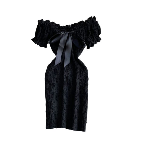 Retro Sweet Cinched Slimming off-Shoulder Backless Dress Summer Small High Waist Short Sleeve Short Hip Skirt - Image 6