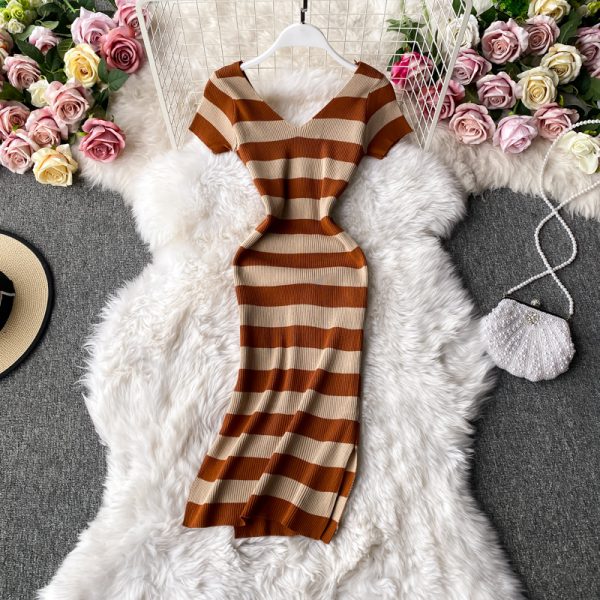 Women’s V-neck Slit Knitted Dress Korean-Style Chic Striped Waist-Tight Slim and Sexy Bottoming Hip Skirt One-Step Dress - Image 3