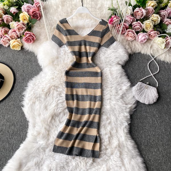 Women’s V-neck Slit Knitted Dress Korean-Style Chic Striped Waist-Tight Slim and Sexy Bottoming Hip Skirt One-Step Dress - Image 4