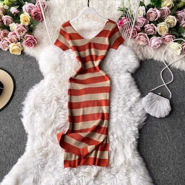 Women’s V-neck Slit Knitted Dress Korean-Style Chic Striped Waist-Tight Slim and Sexy Bottoming Hip Skirt One-Step Dress - Image 5