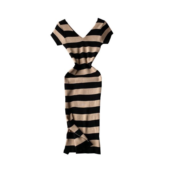 Women’s V-neck Slit Knitted Dress Korean-Style Chic Striped Waist-Tight Slim and Sexy Bottoming Hip Skirt One-Step Dress - Image 6