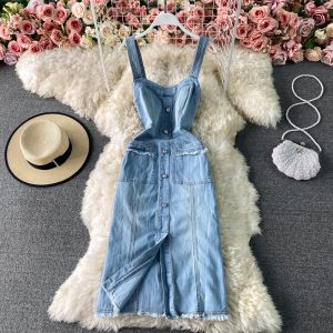 Spring New Korean Style Raw Hem High Waist Dress Mid-Length Slim Fit Bandeau Sling Denim Suspender Skirt